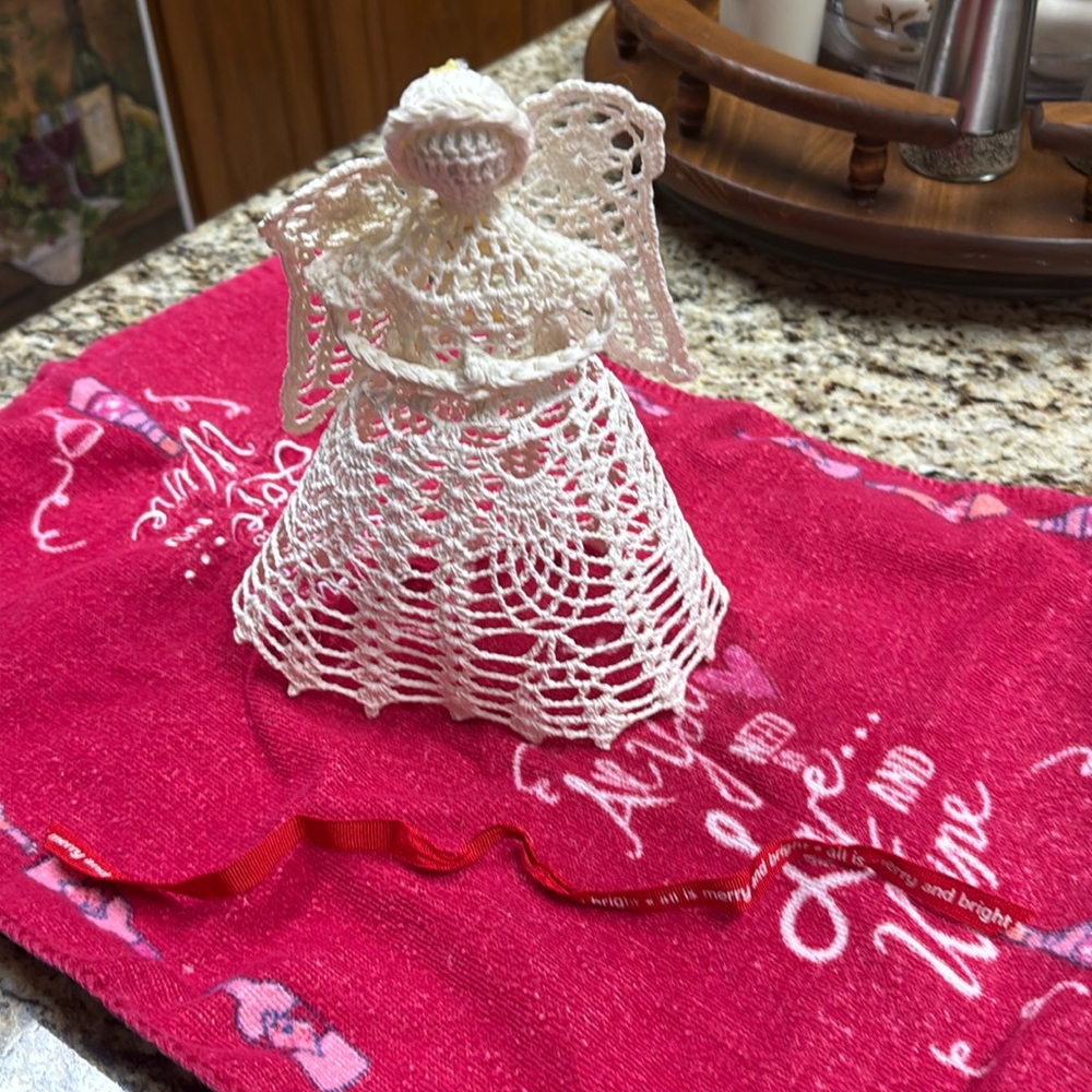 Crochet Angel Vintage Christmas Angel Starched White Cotton with Hang Ribbon